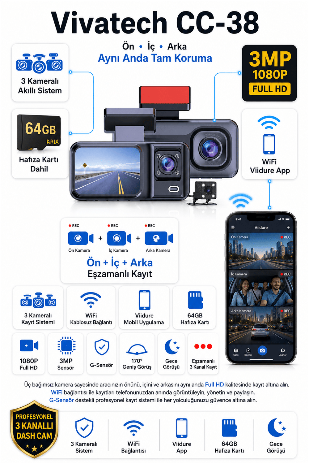 Vivatech CC-38 64GB Hafıza Kartlı 3 Kameralı Araç İçi Kamera - 3MP WiFi Viidure App Destekli Ön + İç + Arka Gece Görüşlü