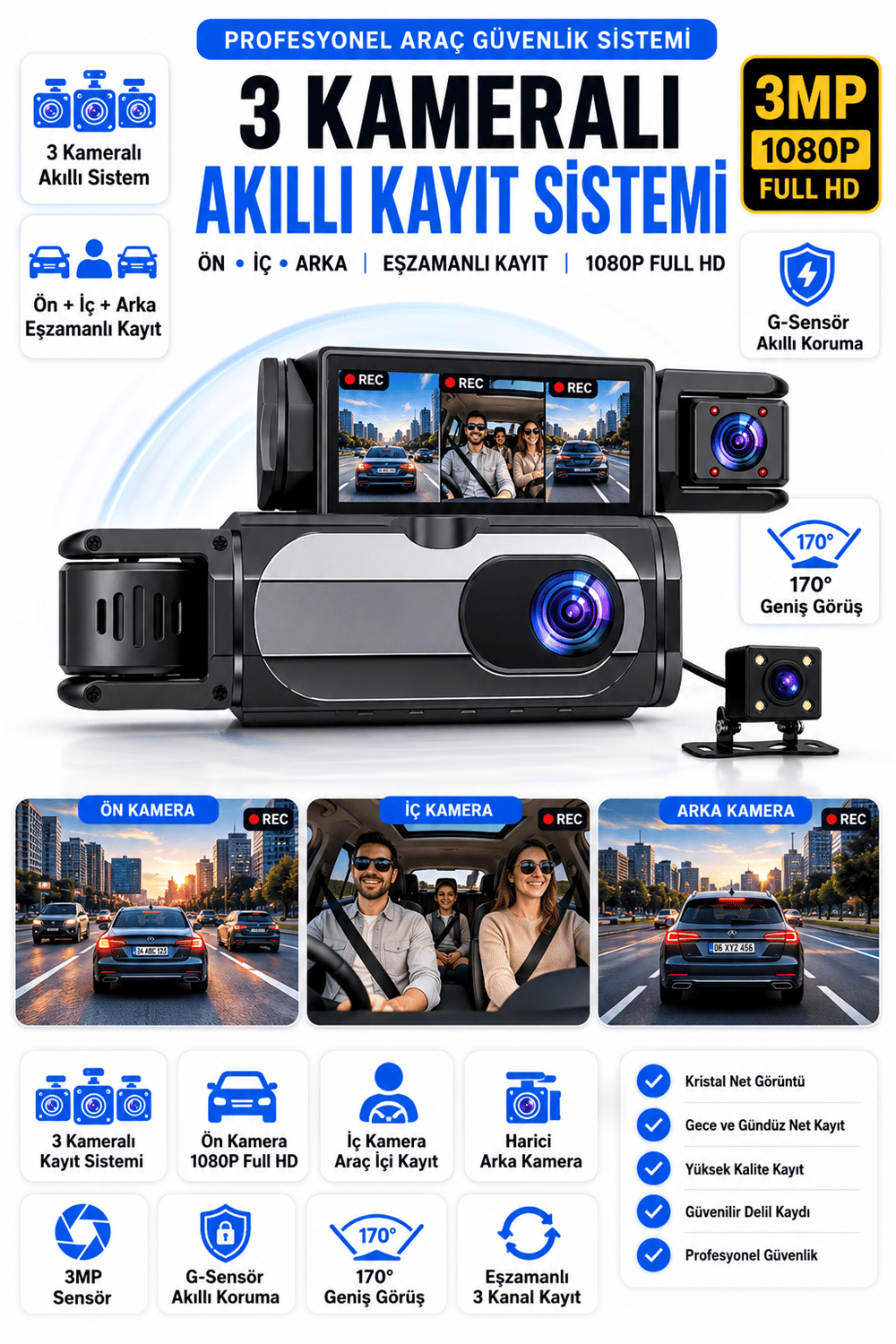 Vivatech CC-41 3 Kameralı Araç İçi Kamera - 3MP 1080P Full HD Ön + İç + Arka Eşzamanlı Kayıt, G-Sensör Geniş Açı