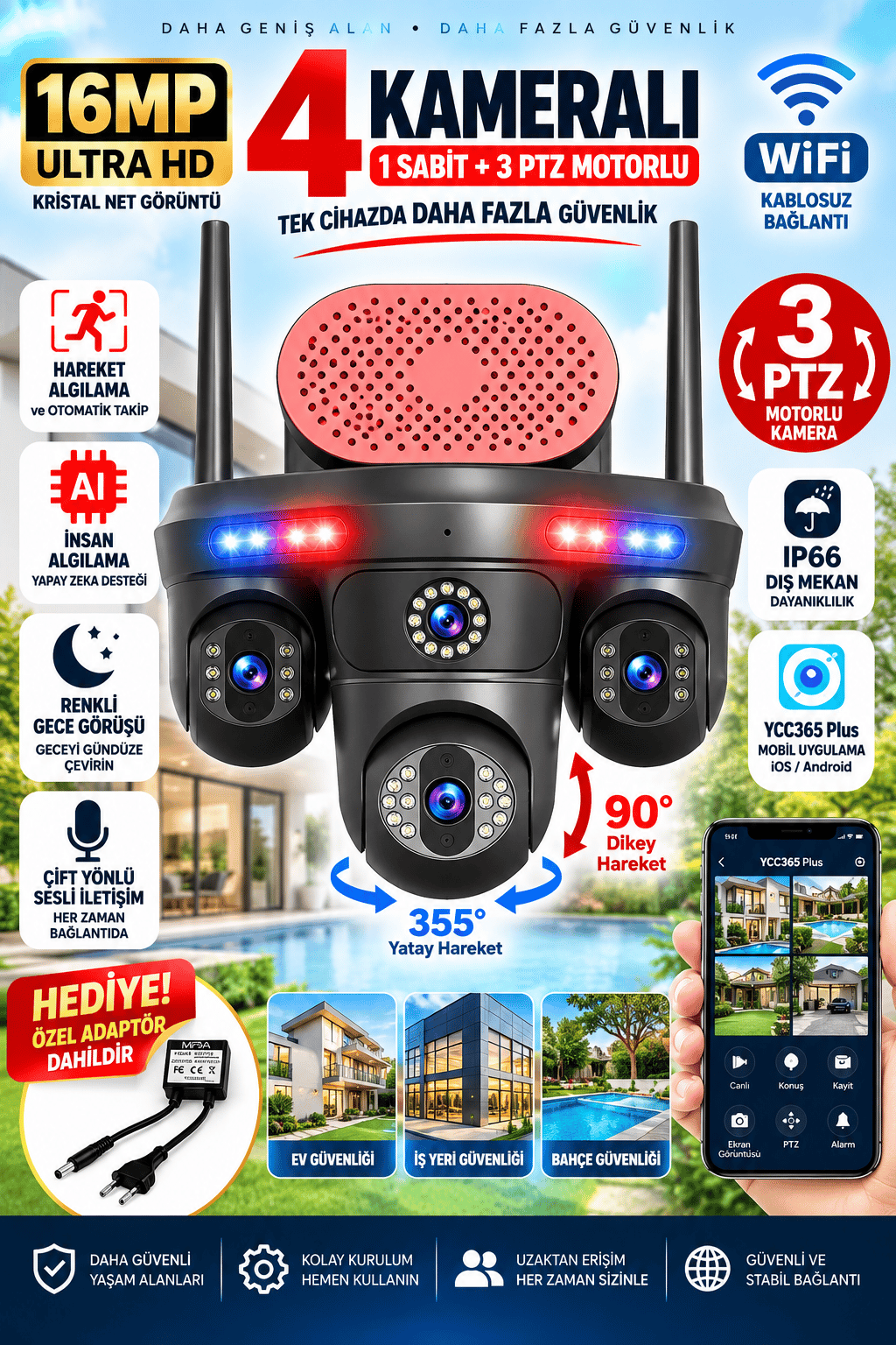 Vivatech Goro WiFi Akıllı Güvenlik Kamerası - 16MP 4 Lensli 3 PTZ Motorlu + 1 Sabit, IP66 Hava Koşullarına Dayanıklı (+12V Adaptör)