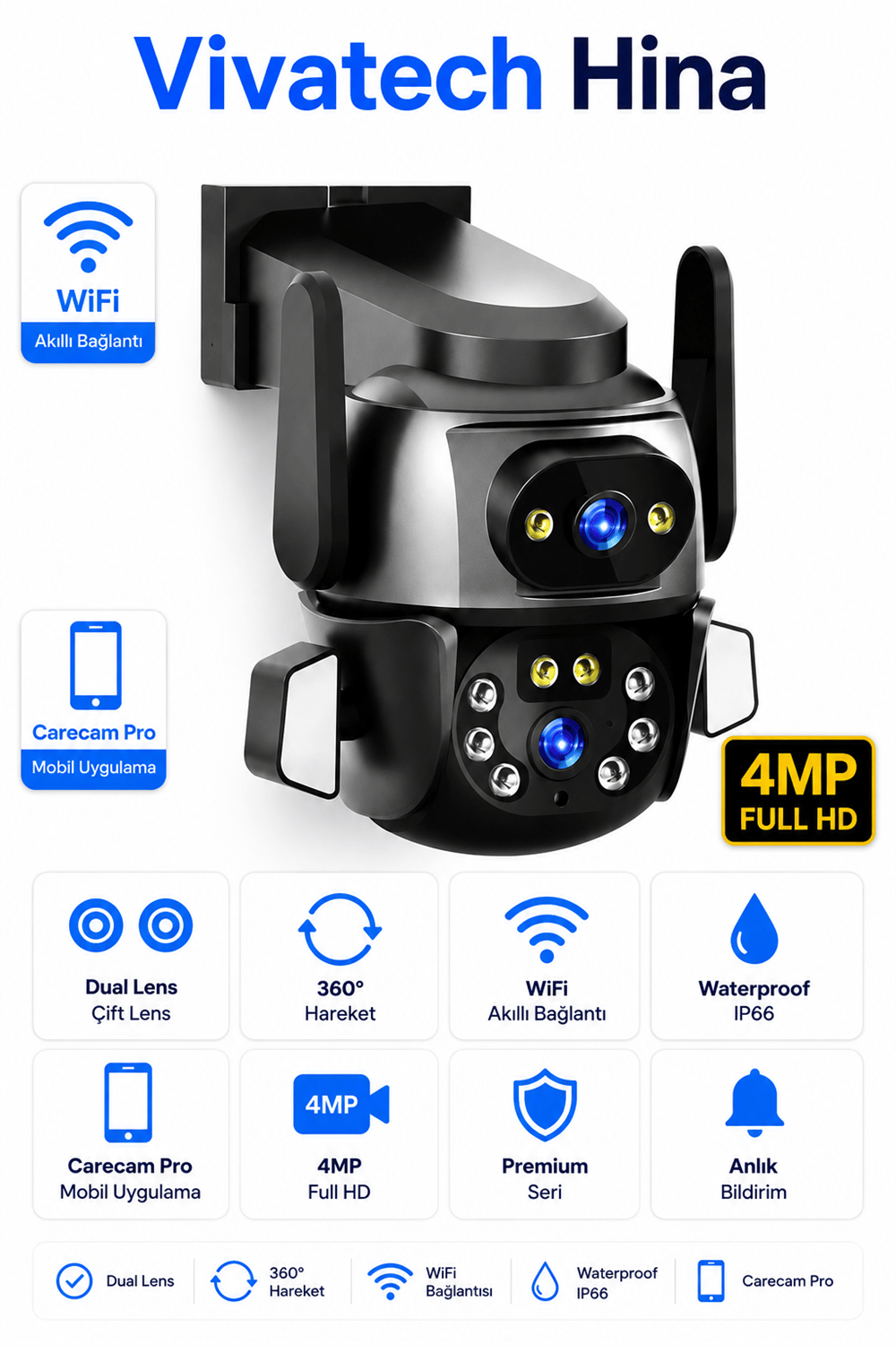Vivatech Hina Dual Lens WiFi Akıllı Güvenlik Kamerası - 4MP 1080MP 360° Hareketli Waterproof Su Geçirmez, Carecam Pro Uygulamalı