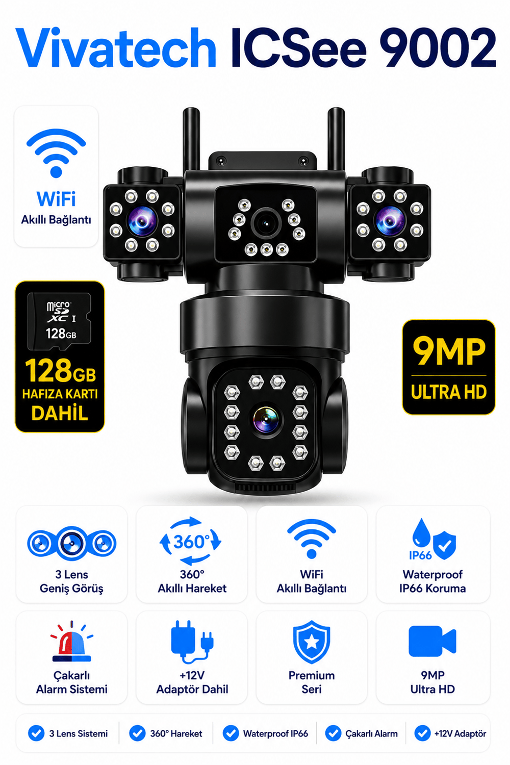 Vivatech ICSee 9002 128GB Hafıza Kartlı WiFi Akıllı Güvenlik Kamerası - 9MP 3 Lensli 360° Hareketli Waterproof Çakarlı (+12V)