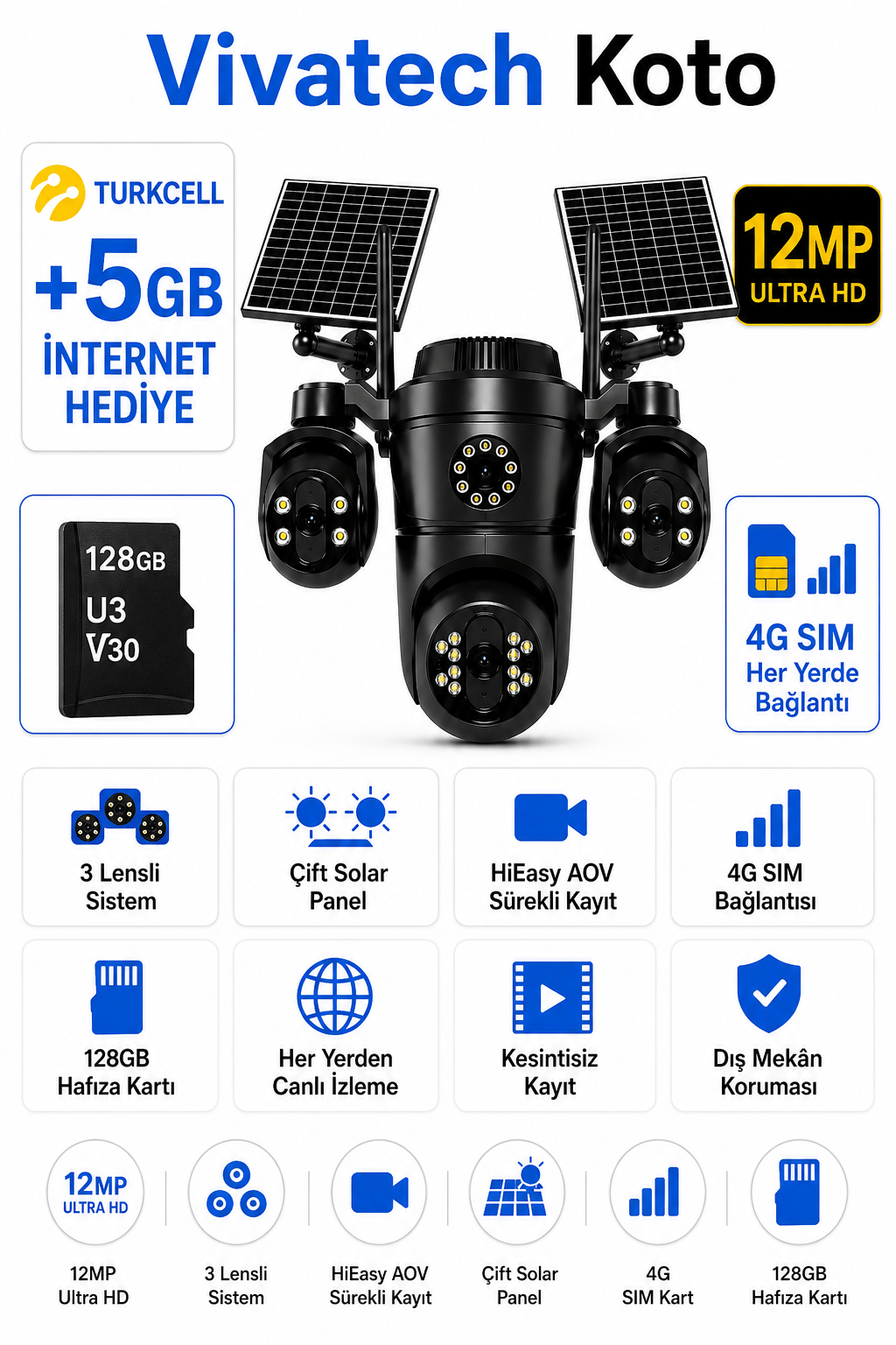 Vivatech Koto 128GB Hafıza Kartlı 4G Çift Solar Panelli Güvenlik Kamerası - 12MP 3 Lensli, HiEasy AOV Sürekli Kayıt (+5 GB İnternet)
