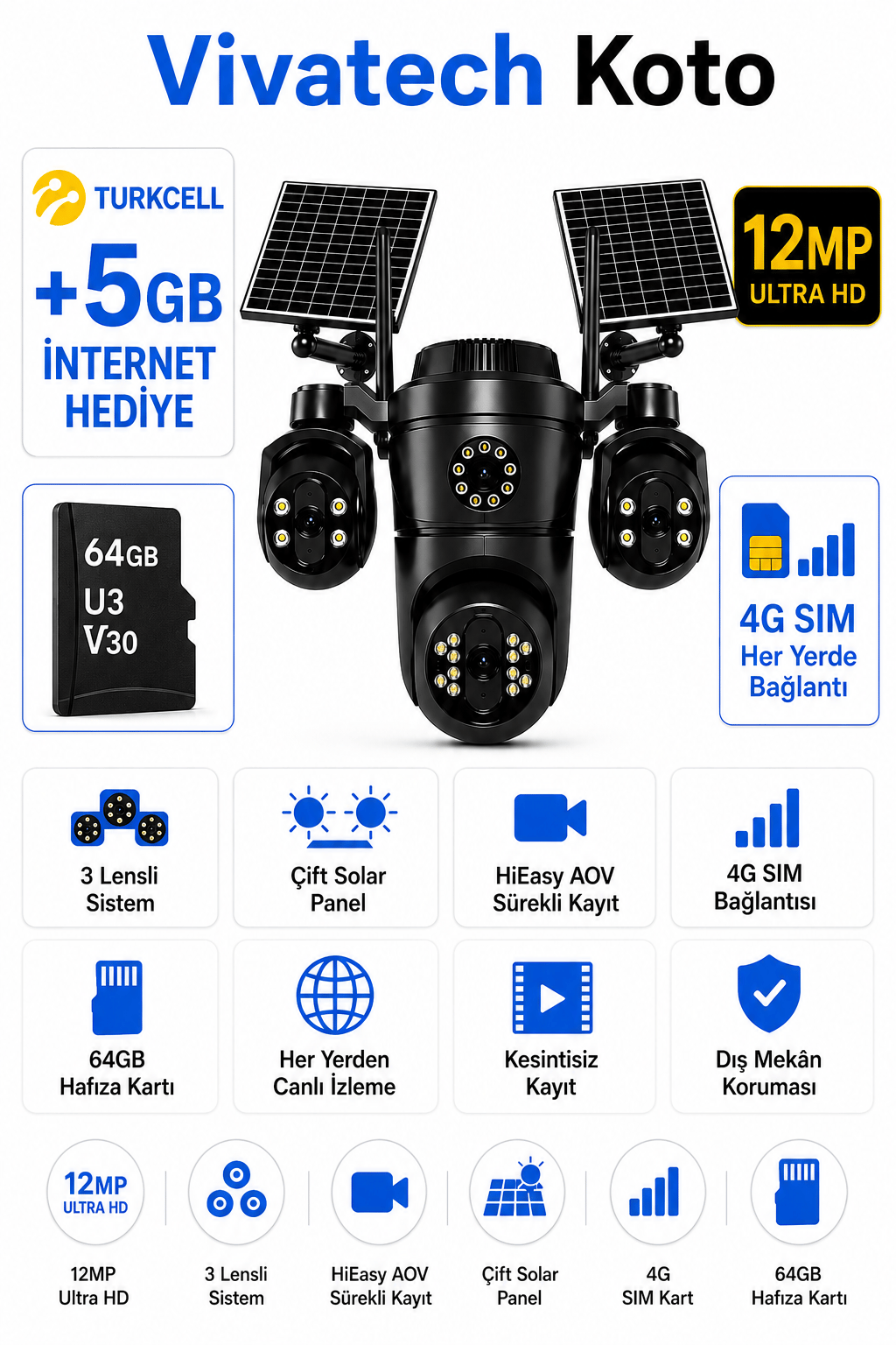 Vivatech Koto 64GB Hafıza Kartlı 4G Çift Solar Panelli Güvenlik Kamerası - 12MP 3 Lensli, HiEasy AOV Sürekli Kayıt (+5 GB İnternet)
