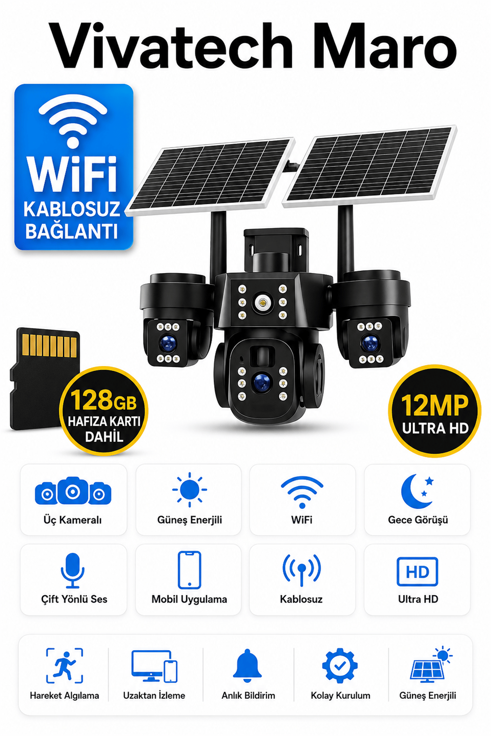 Vivatech Maro 128GB Hafıza Kartlı Güneş Enerjili Akıllı Güvenlik Kamerası - WiFi 12MP Üç Kameralı UltraHD Kablosuz Solar