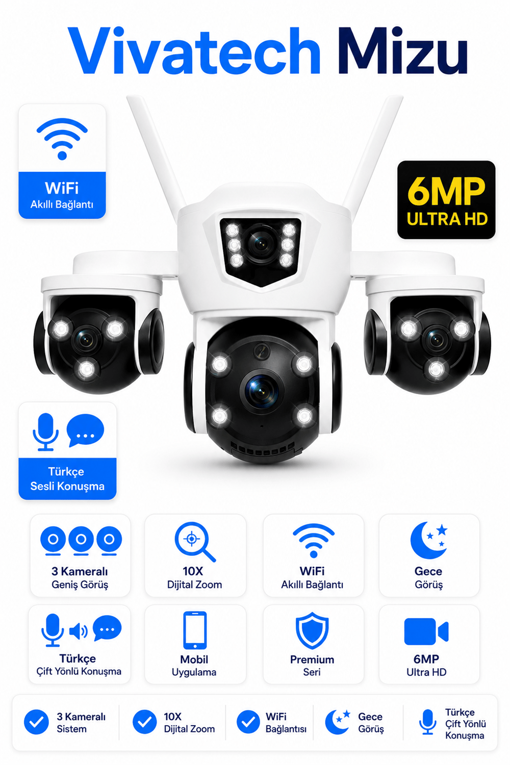 Vivatech Mizu WiFi Akıllı Güvenlik Kamerası - 6MP Üç Kameralı, 10X Dijital Zoom Gece Görüş Türkçe Çift Yönlü Konuşma
