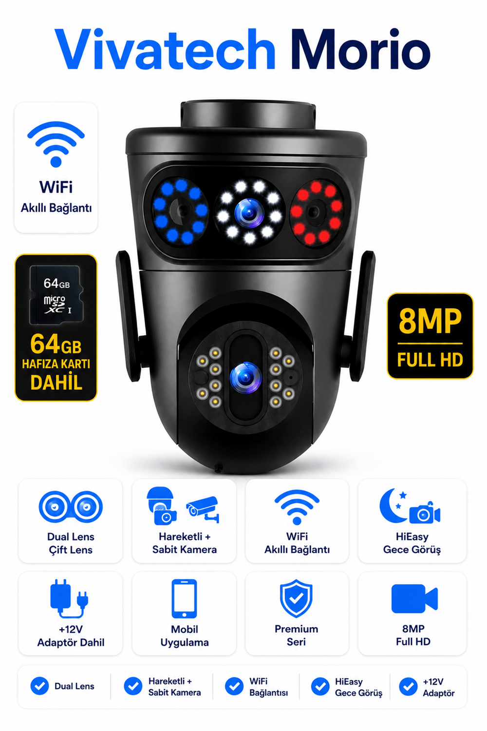 Vivatech Morio 64GB Hafıza Kartlı WiFi Akıllı Güvenlik Kamerası - 8MP FullHD Dual Lens Hareketli + Sabit, HiEasy Gece Görüşlü (+12V)