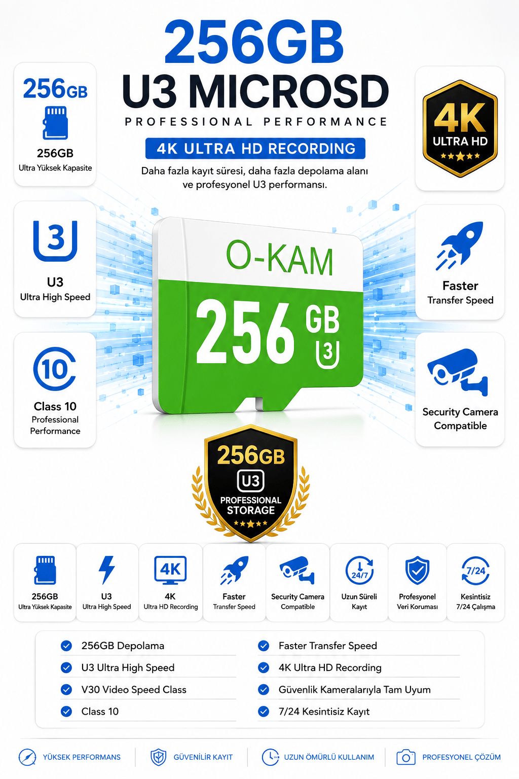 Vivatech O-Kam 256GB U3 Class 10 Micro SD Hafıza Kartı - Yüksek Hızlı Kamera Uyumlu Depolama Kartı