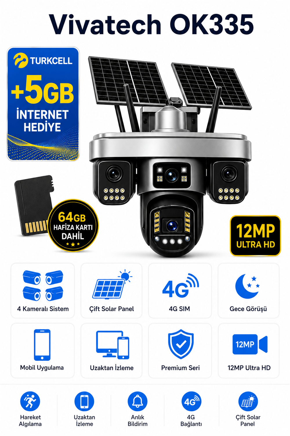Vivatech OK335 64GB Hafıza Kartlı 4G Çift Solar Panelli Güvenlik Kamerası - Premium Serisi 12MP 4 Kameralı Gece Görüşlü (+5 GB İnternet)