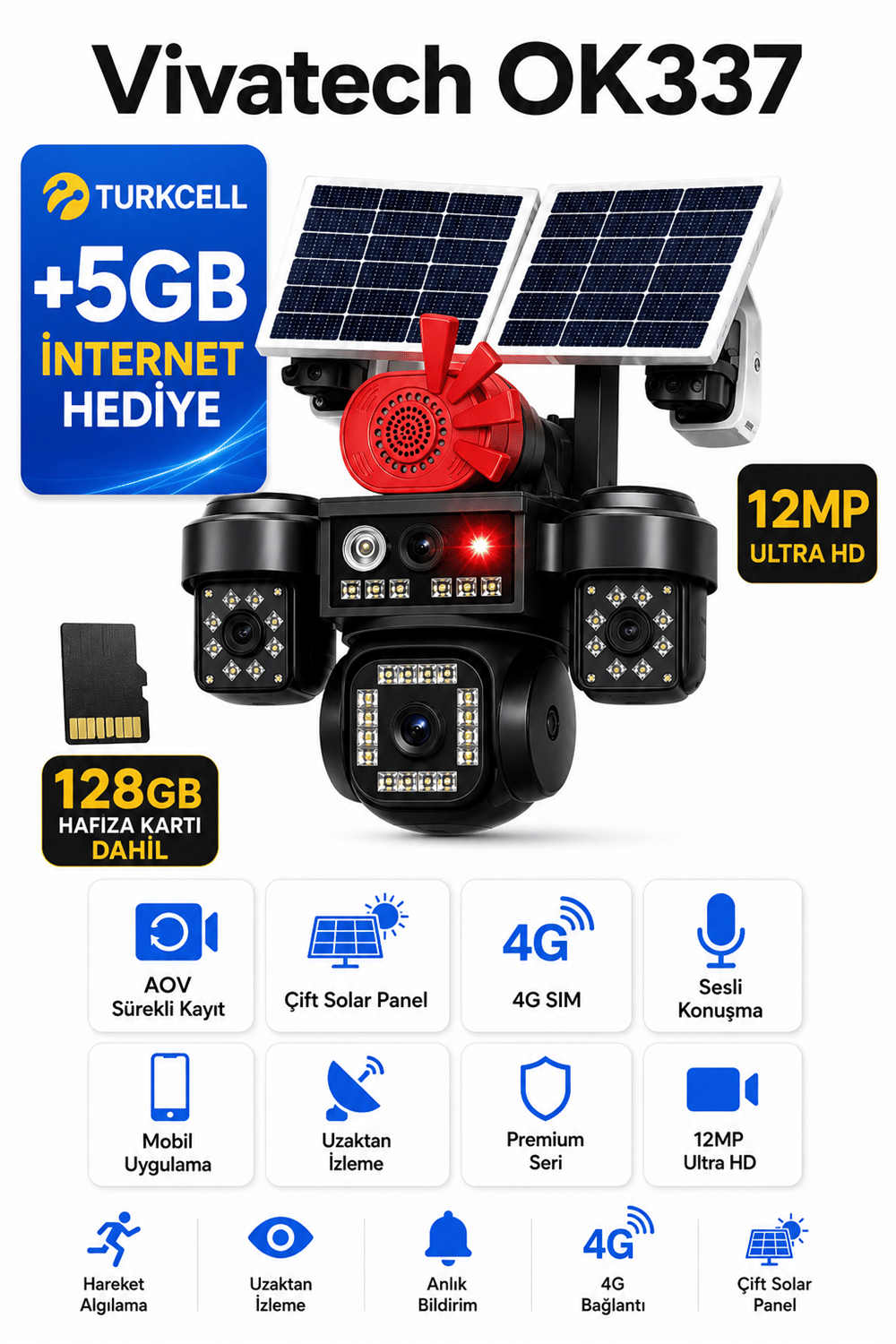 Vivatech OK337 128GB Hafıza Kartlı 4G Çift Solar Panelli Güvenlik Kamerası - Premium Serisi 12MP AOV Sürekli Kayıt,  Sesli Konuşma (+5GB İnternet)