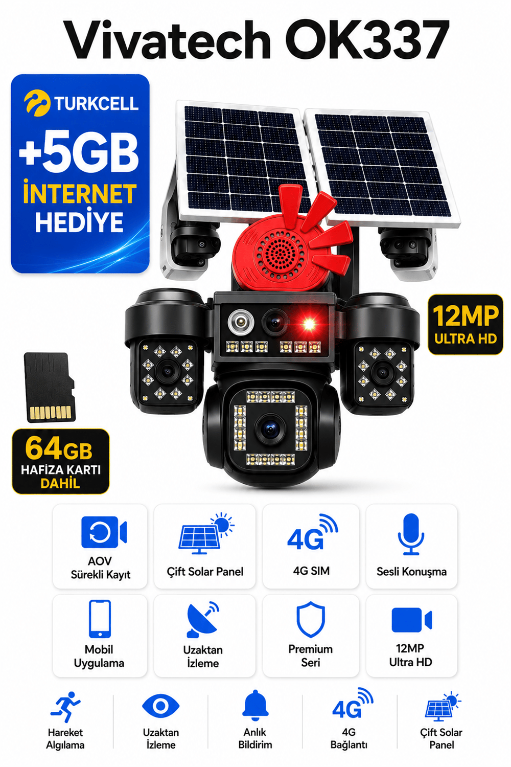 Vivatech OK337 64GB Hafıza Kartlı 4G Çift Solar Panelli Güvenlik Kamerası -  Premium Serisi 12MP AOV Sürekli Kayıt,  Sesli Konuşma (+5GB İnternet)