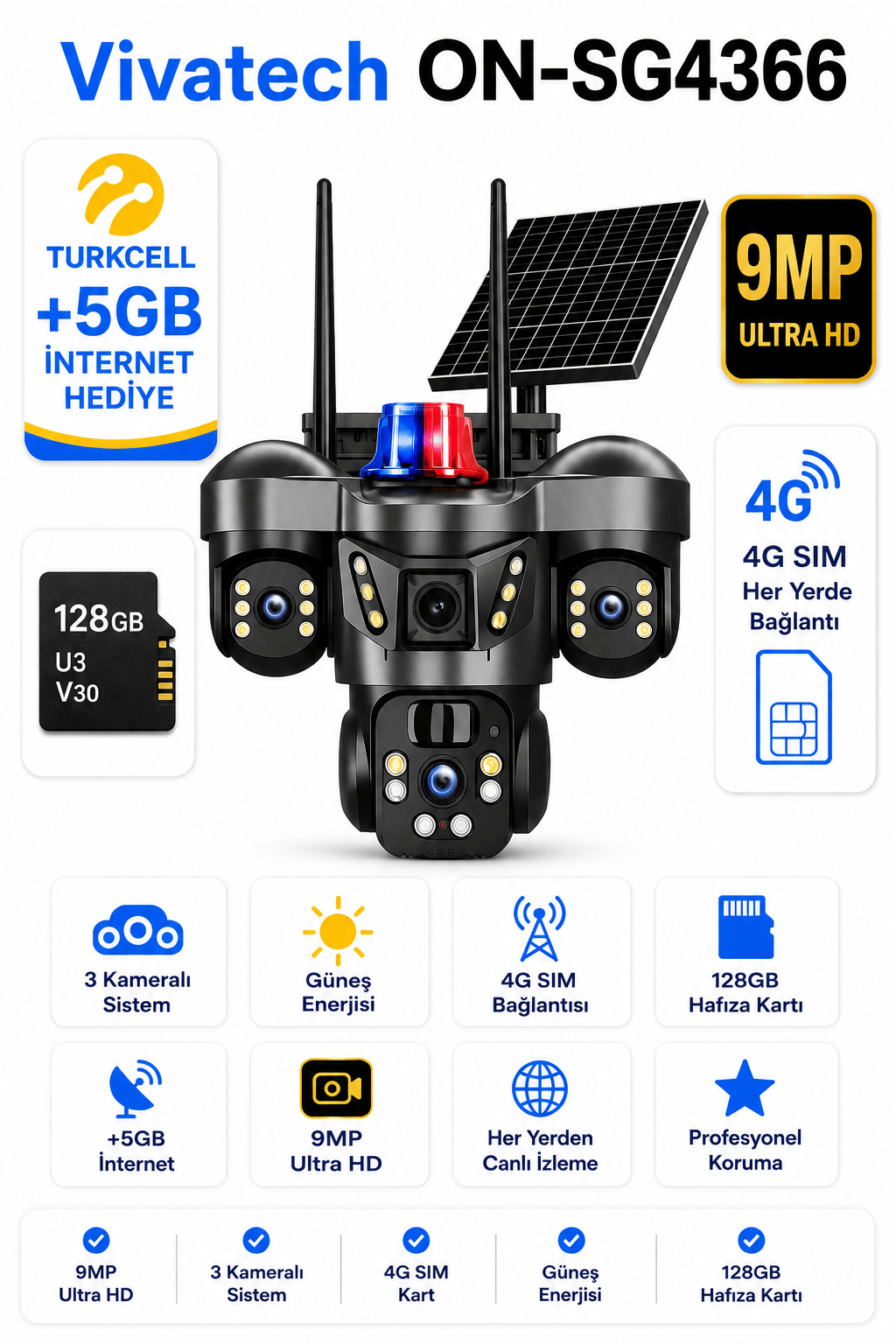 Vivatech ON-SG4366 128GB Hafıza Kartlı 4G Sim Kartlı Güneş Enerjili Güvenlik Kamerası - 9MP Üç Kameralı UltraHD Premium (+5 GB İnternet)