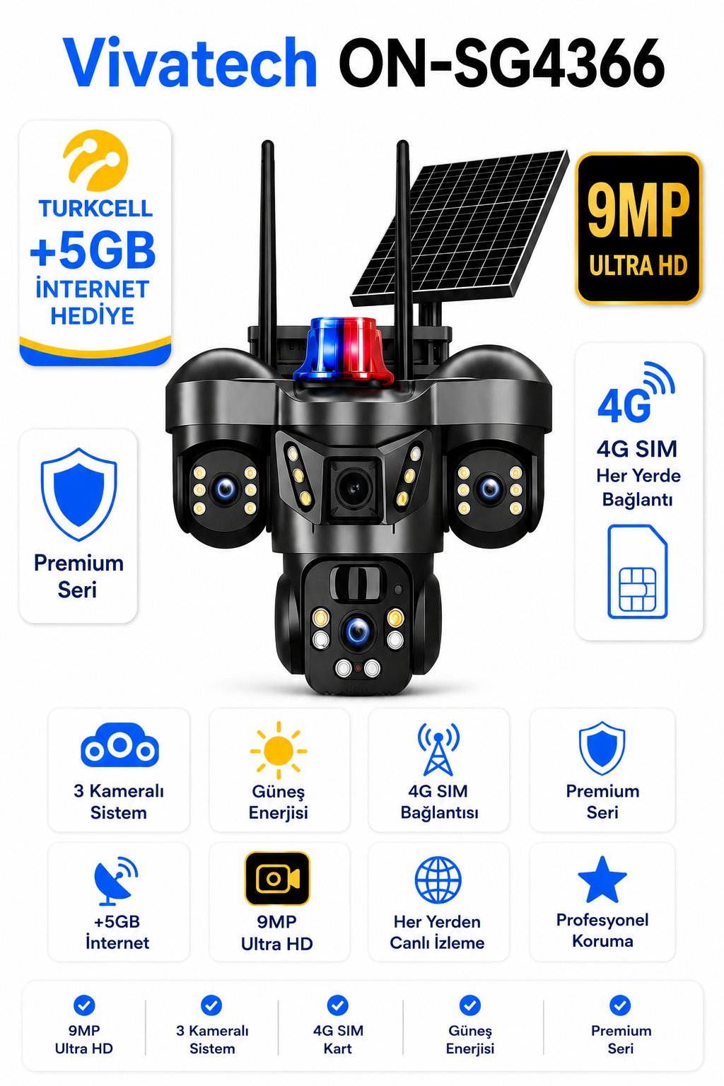 Vivatech ON-SG4366 4G Sim Kartlı Güneş Enerjili Akıllı Güvenlik Kamerası - 9MP Üç Kameralı UltraHD Ultra Premium Serisi