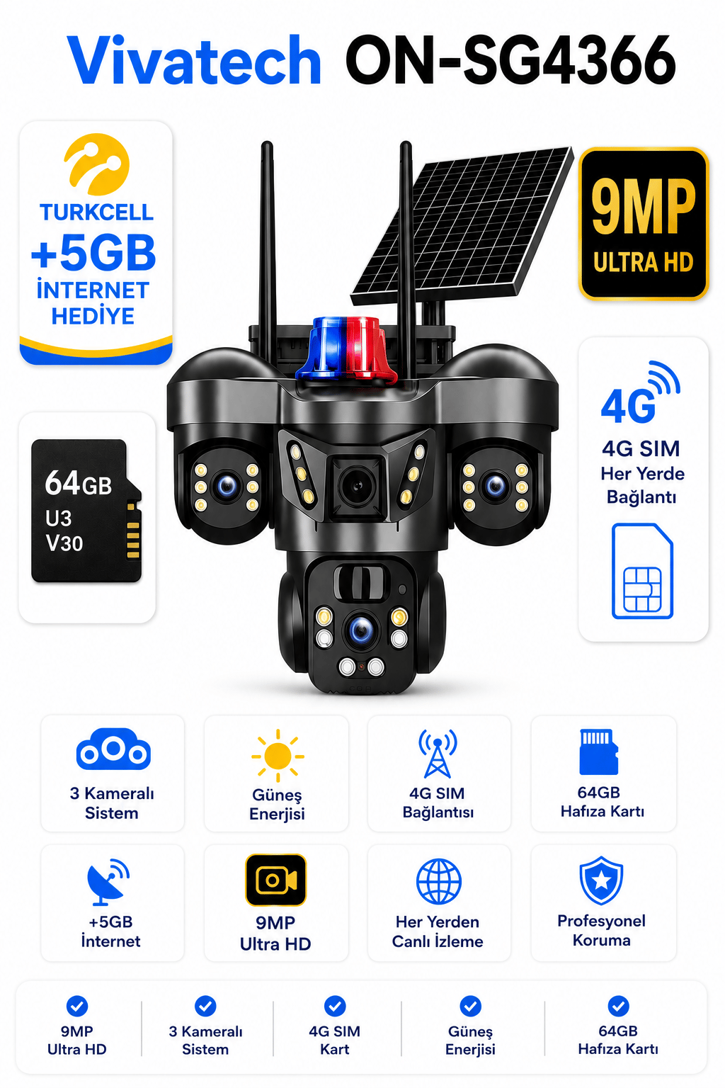Vivatech ON-SG4366 64GB Hafıza Kartlı 4G Sim Kartlı Güneş Enerjili Güvenlik Kamerası - 9MP Üç Kameralı UltraHD Premium (+5 GB İnternet)