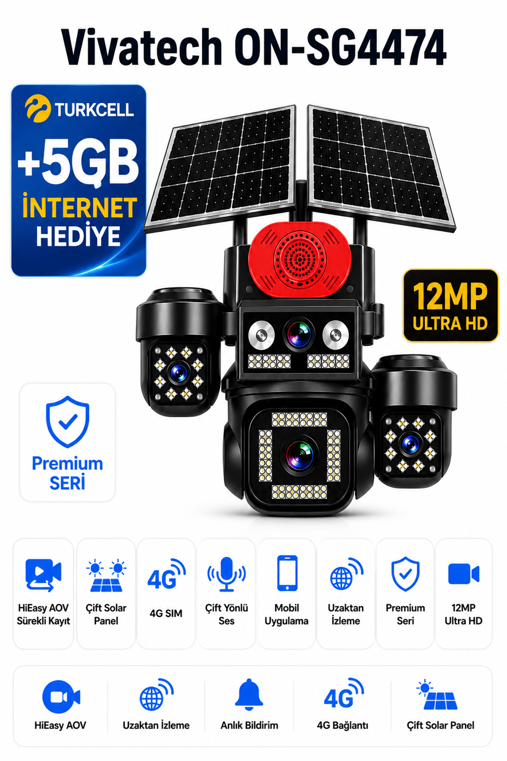 Vivatech ON-SG4474 4G Çift Solar Panelli Güvenlik Kamerası - 12MP HiEasy AOV Sürekli Kayıt, Çift Yönlü Ses,  4 Lensli Gece Görüşlü