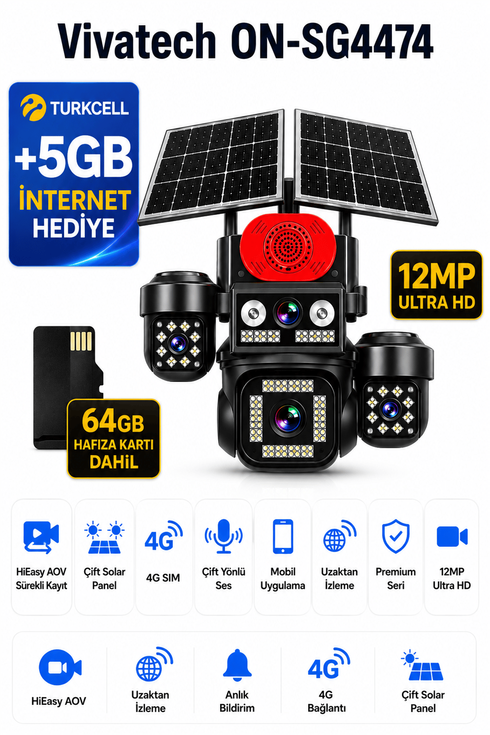 Vivatech ON-SG4474 64GB Hafıza Kartlı 4G Çift Solar Panelli Güvenlik Kamerası - 12MP HiEasy AOV Sürekli Kayıt,  Çift Yönlü Ses (+5GB İnternet)