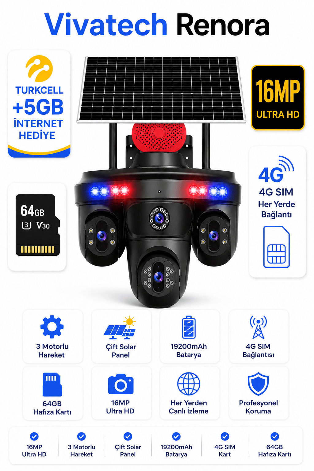 Vivatech Renora 64GB Hafıza Kartlı 4G Çift Solar Panelli Güvenlik Kamerası - 16MP 3 Motorlu Hareketli , 19200mAh Bataryalı (+5GB İnternet)