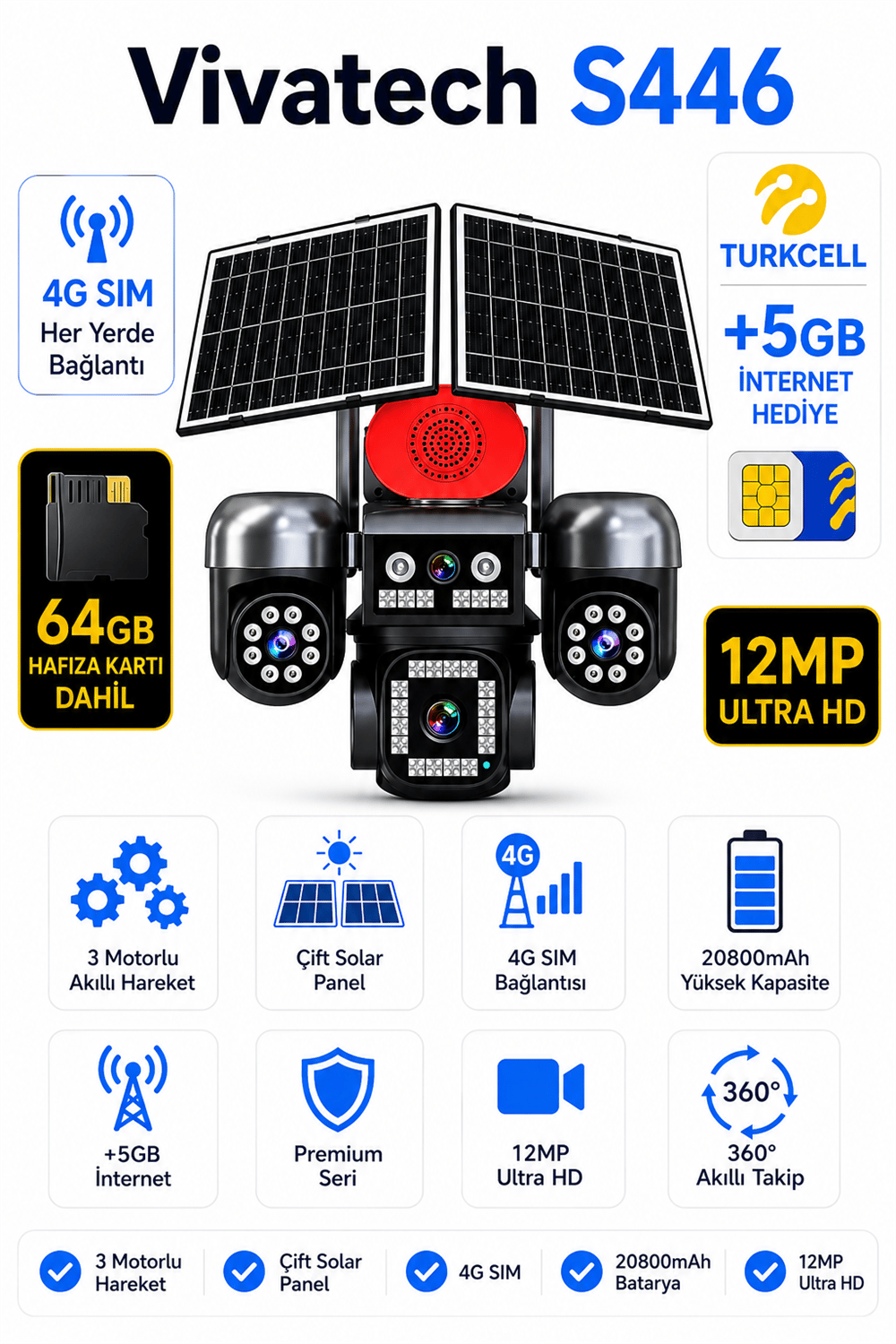 Vivatech S446 64GB Hafıza Kartlı 4G Çift Solar Panelli Güvenlik Kamerası - 12MP 3 Motorlu Hareketli , 20800mAh Bataryalı (+5GB İnternet)