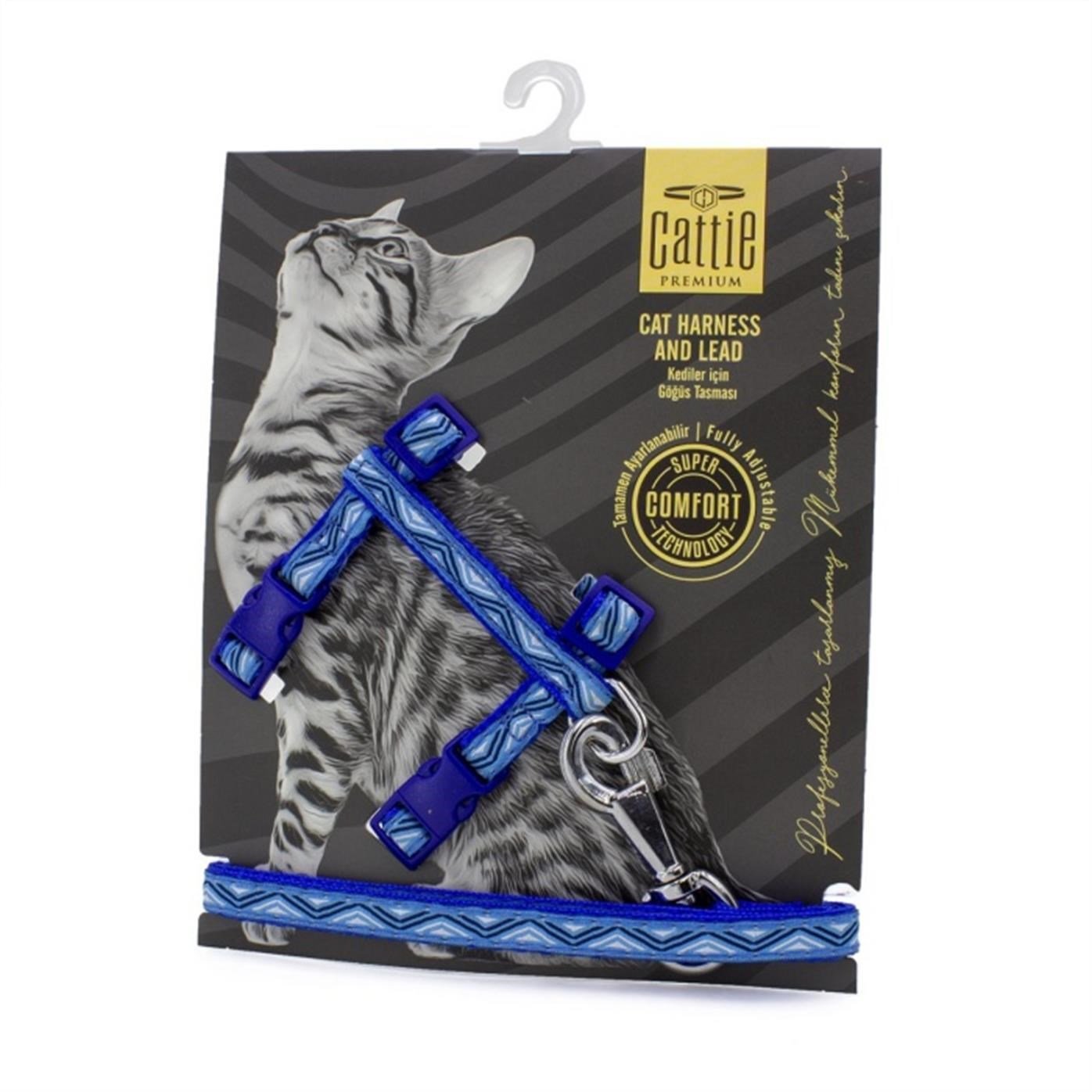 CATTİE DESENLİ KEDİ GÖĞÜS & GEZDİRME TAKIMI ROYALMAVİ 1X25-40CM