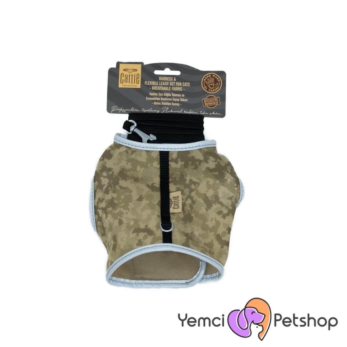 CATTİE HAVALI DOKUMA KEDİ GÖĞÜS & GEZDİRME TAKIMI KAMUFLAJ 1X25-35CM