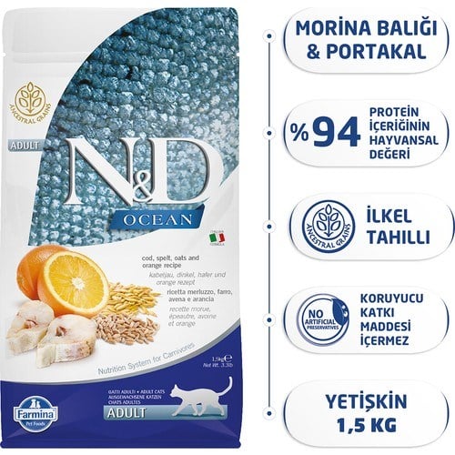N&D Ocean Düşük Tahıllı Morina Balıklı ve Portakallı 1.5 kg Yetişkin Kedi Maması