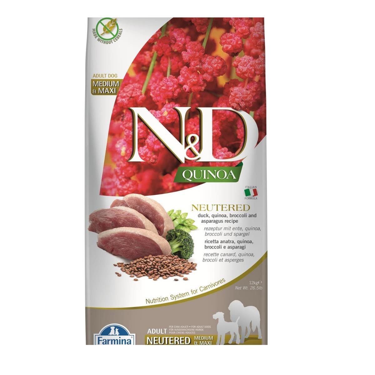N&D Quinoa Adult Medium & Maxi Neutered Ördekli Brokolili Ve Kinoalı Diyet Ve Kısırlaştırılmış Köpek Maması 12 Kg