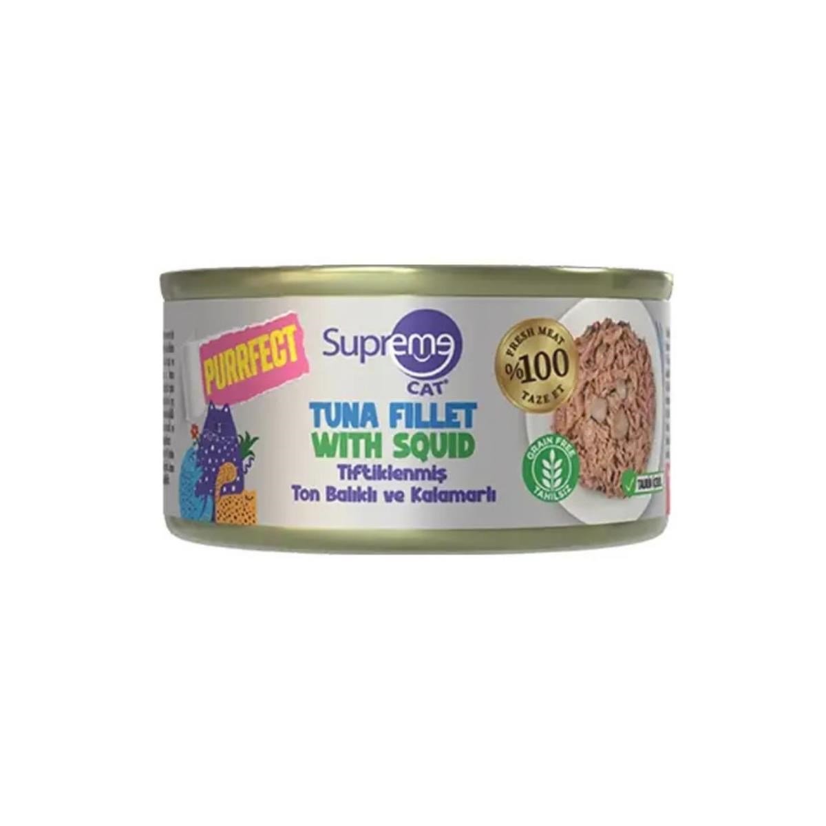 Supreme Cat Tiftiklenmiş Ton Balıklı ve Kalamarlı Yetişkin Kedi Konservesi 70gr
