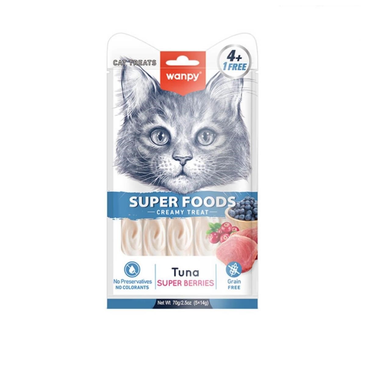 Wanpy Superfood Ton Balıklı, Yaban Mersini & Kızılcıklı – Krema Kedi Ödülü 5×14 g