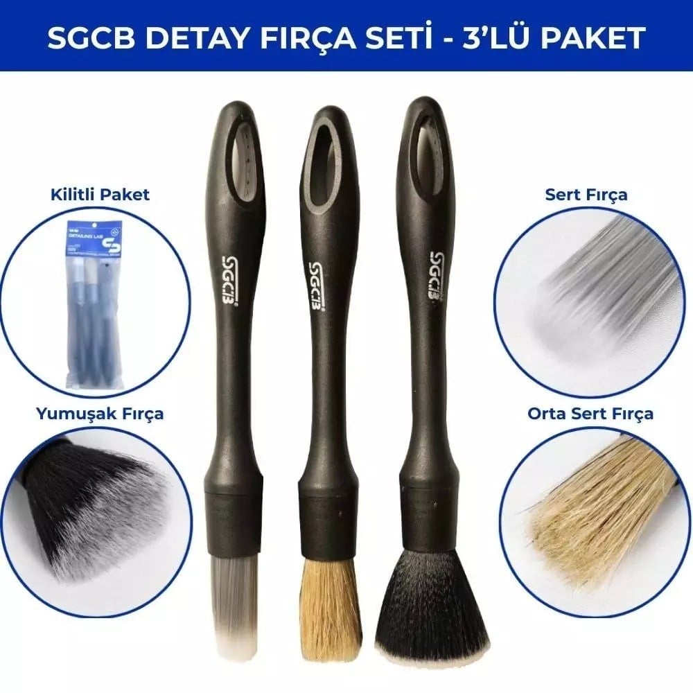 SGCB Detaylı Temizlik 3'lü Fırça Seti – Araç İçi Dış Detay Fırçası Takımı 