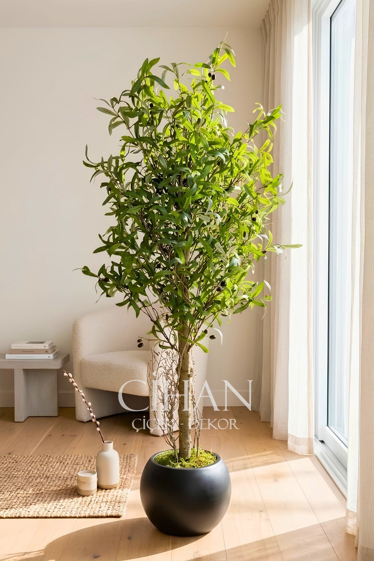 180 cm Lüks Yapay Zeytin Ağacı - 27x33 cm Plastik Küre Saksı