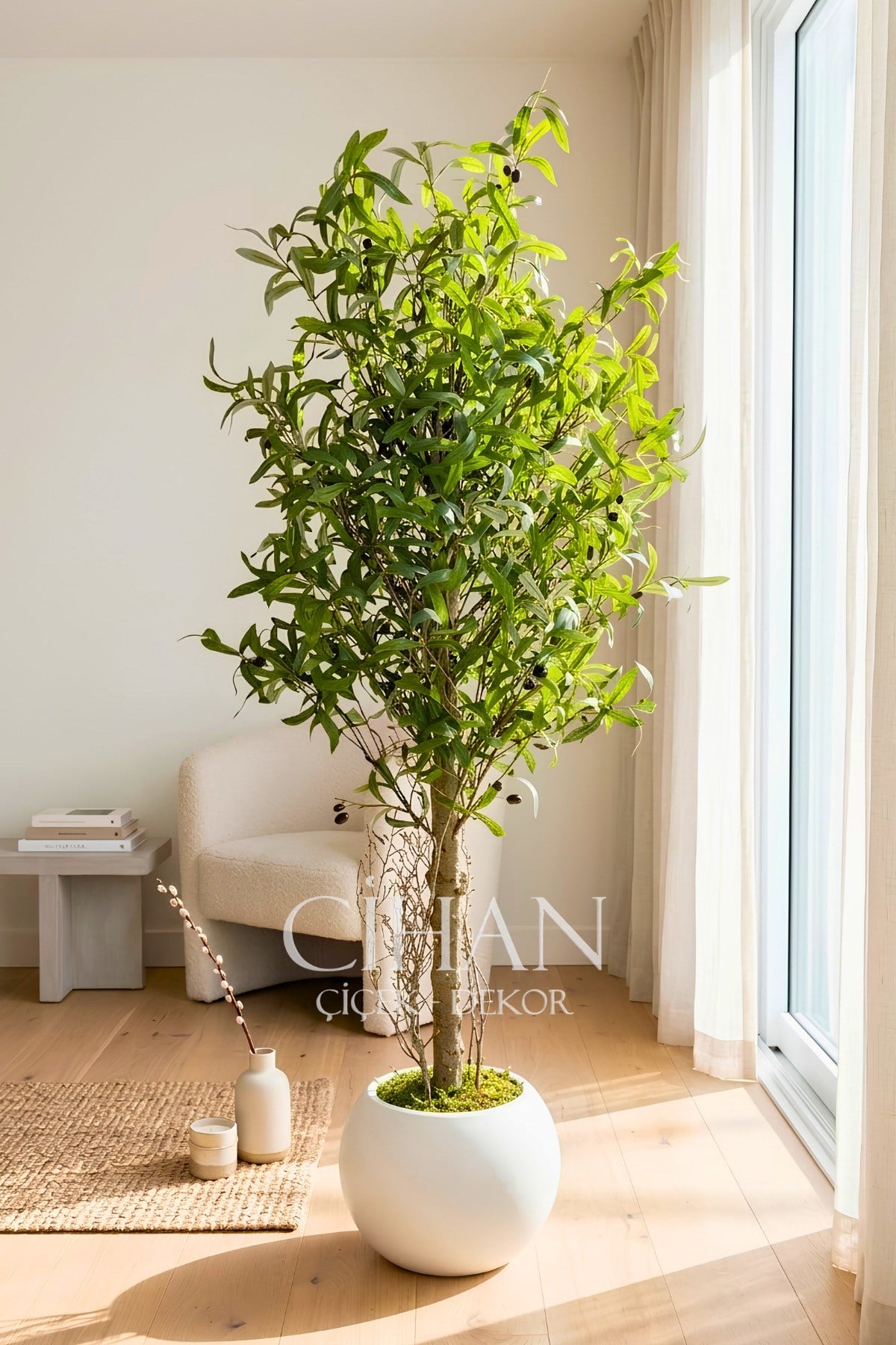 180 cm Lüks Yapay Zeytin Ağacı - 27x33 cm Plastik Küre Saksı