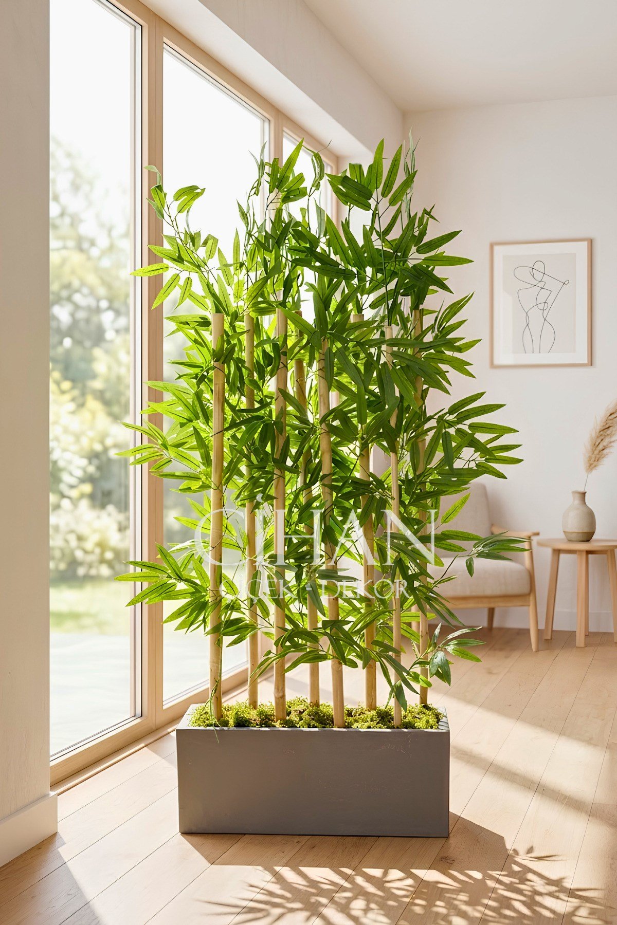 8 Bambulu Yapay Bambu 120 cm - Antrasit MDF 50 cm Ahşap Saksılı