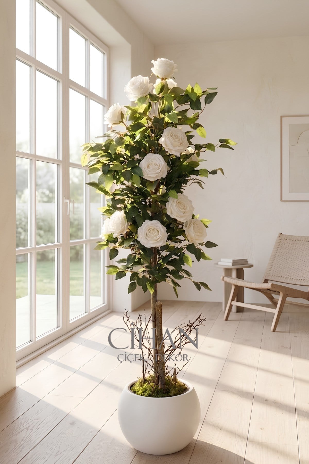 Yapay 10 Güllü Beyaz Gül Ağacı 150 cm 27x33 Beyaz Küre Saksılı