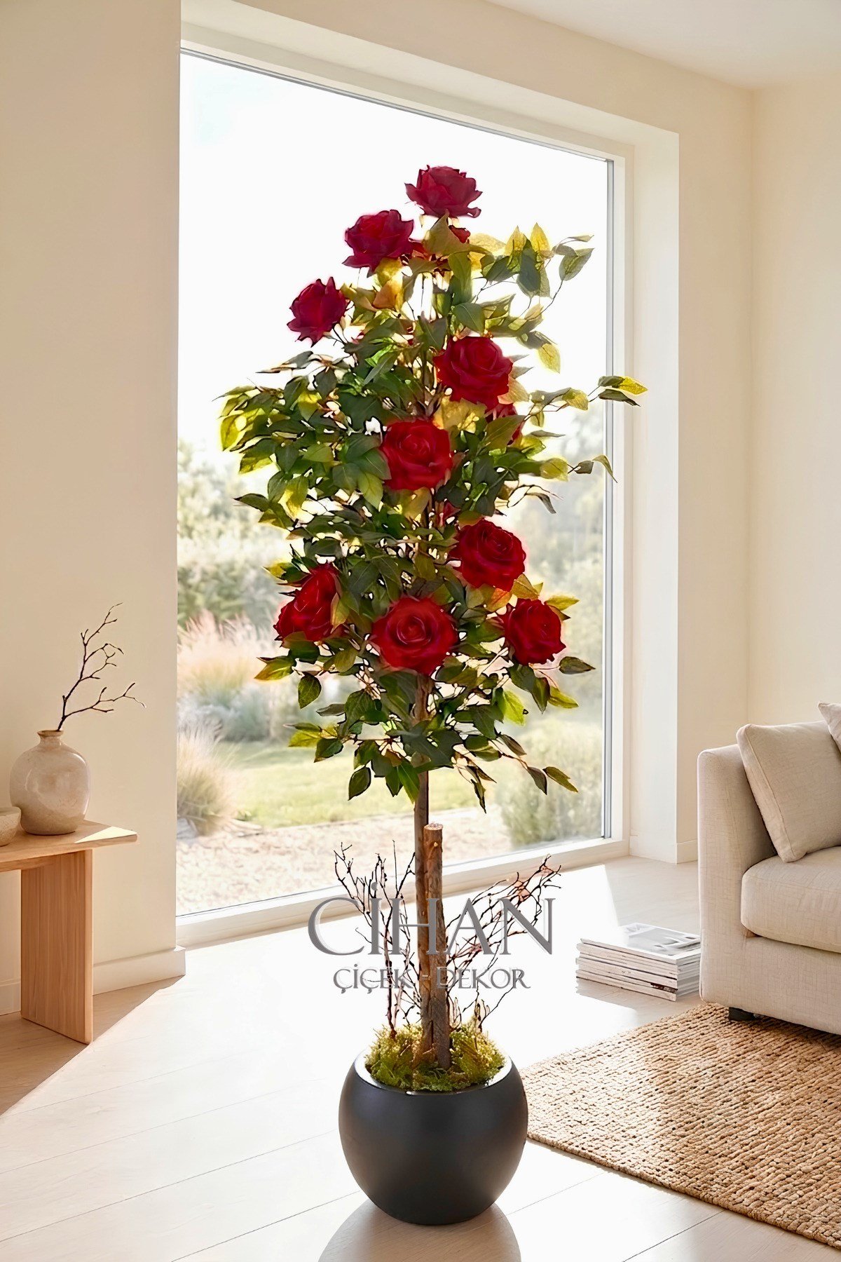Yapay 10 Güllü Kırmızı Gül Ağacı 150 cm 27x33 Siyah Küre Saksılı