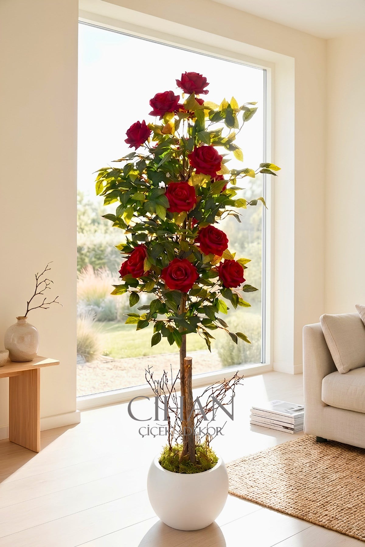Yapay 10 Güllü Kırmızı Gül Ağacı 150 cm 27x33 Beyaz Küre Saksılı