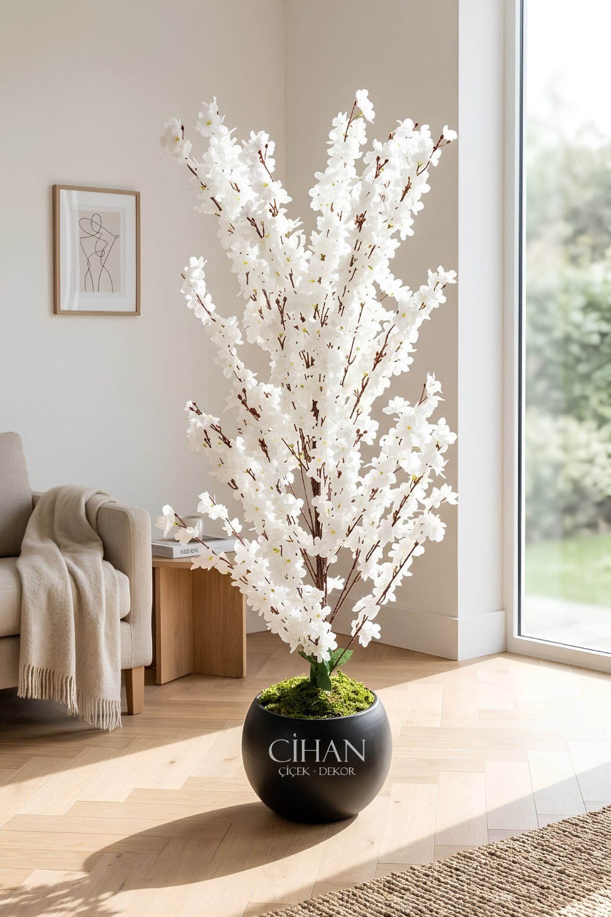Yapay Beyaz Sakura Kiraz Çiçeği Ağacı 120 cm - Küre Plastik Saksılı 27x33 cm Saksı