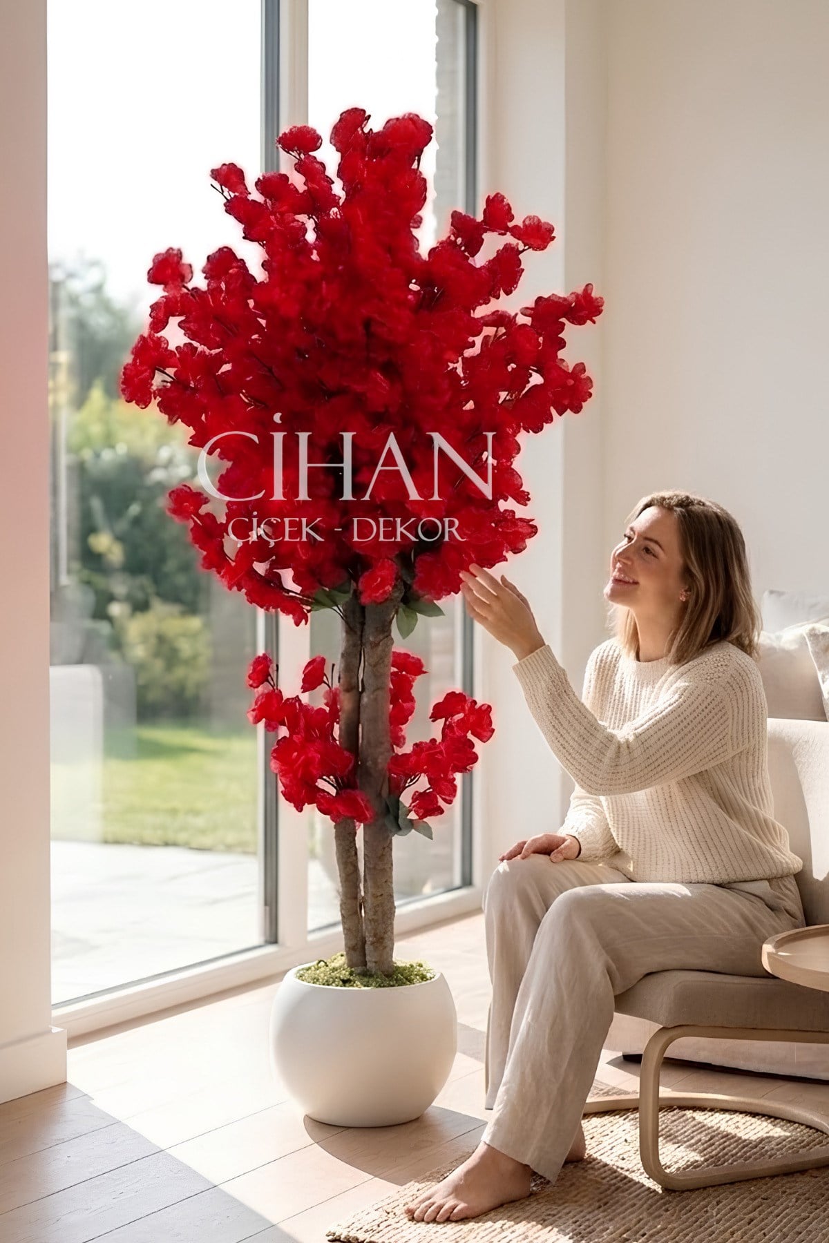 Yapay Kırmızı Japon Bahar Dalı Ağacı 100 cm 27*33 Beyaz Küre Saksılı