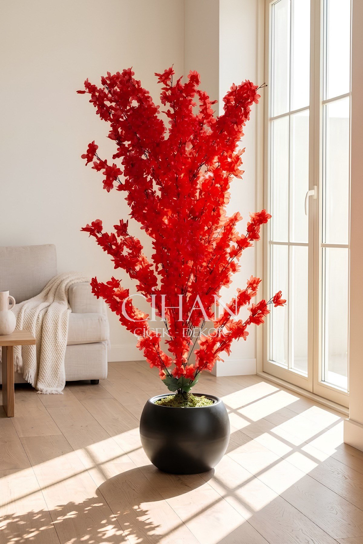 Yapay Kırmızı Sakura Kiraz Çiçeği Ağacı 120 cm - Küre Plastik Saksılı 27x33 cm Saksı