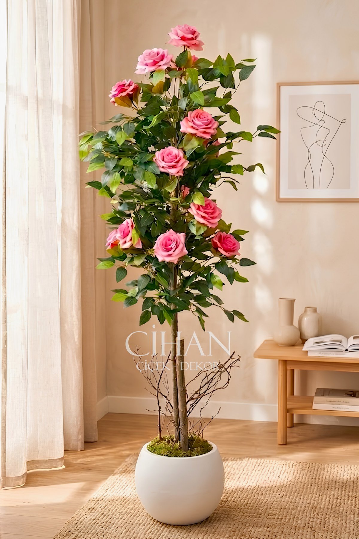 YAPAY PEMBE GÜL AĞACI 150 CM 25X25 GALVANİZ SAKSI