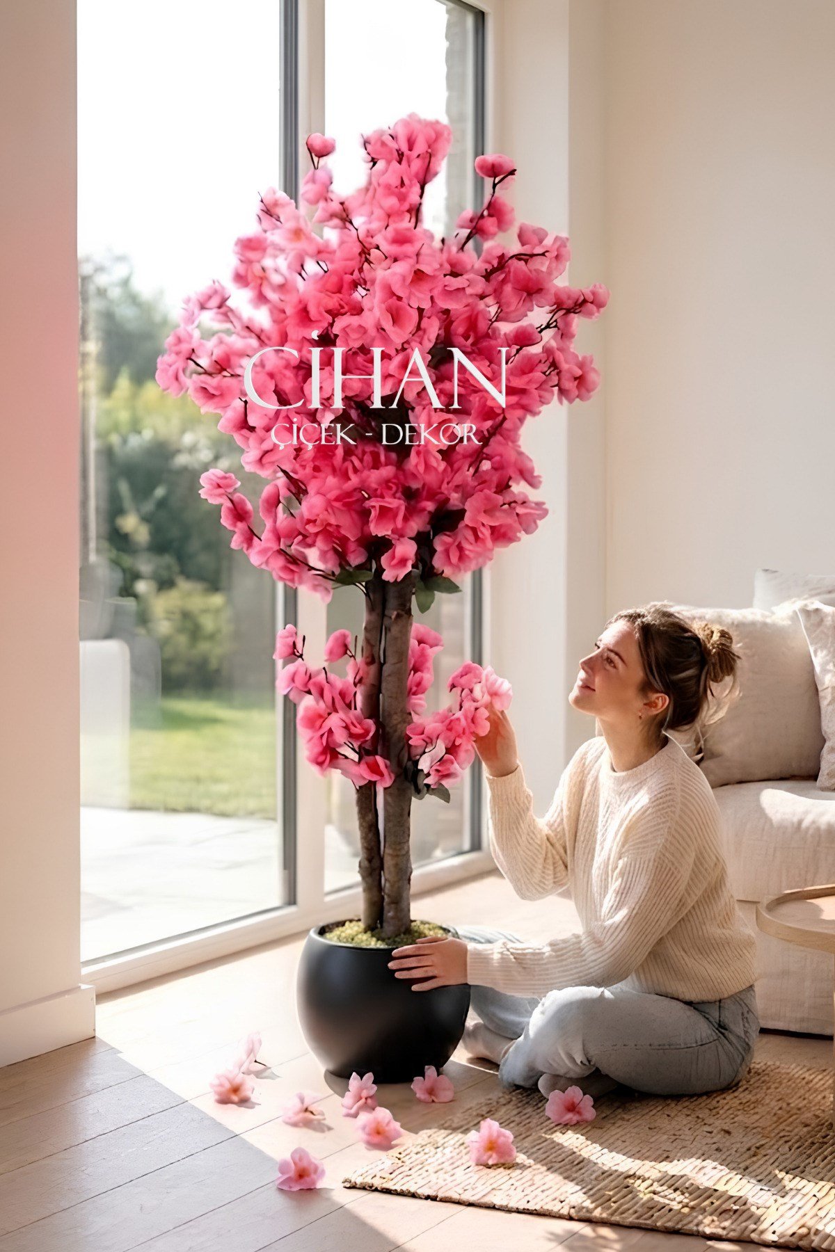 Yapay Pembe Japon Bahar Dalı Ağacı 100 cm Siyah 27*33 Küre Saksılı