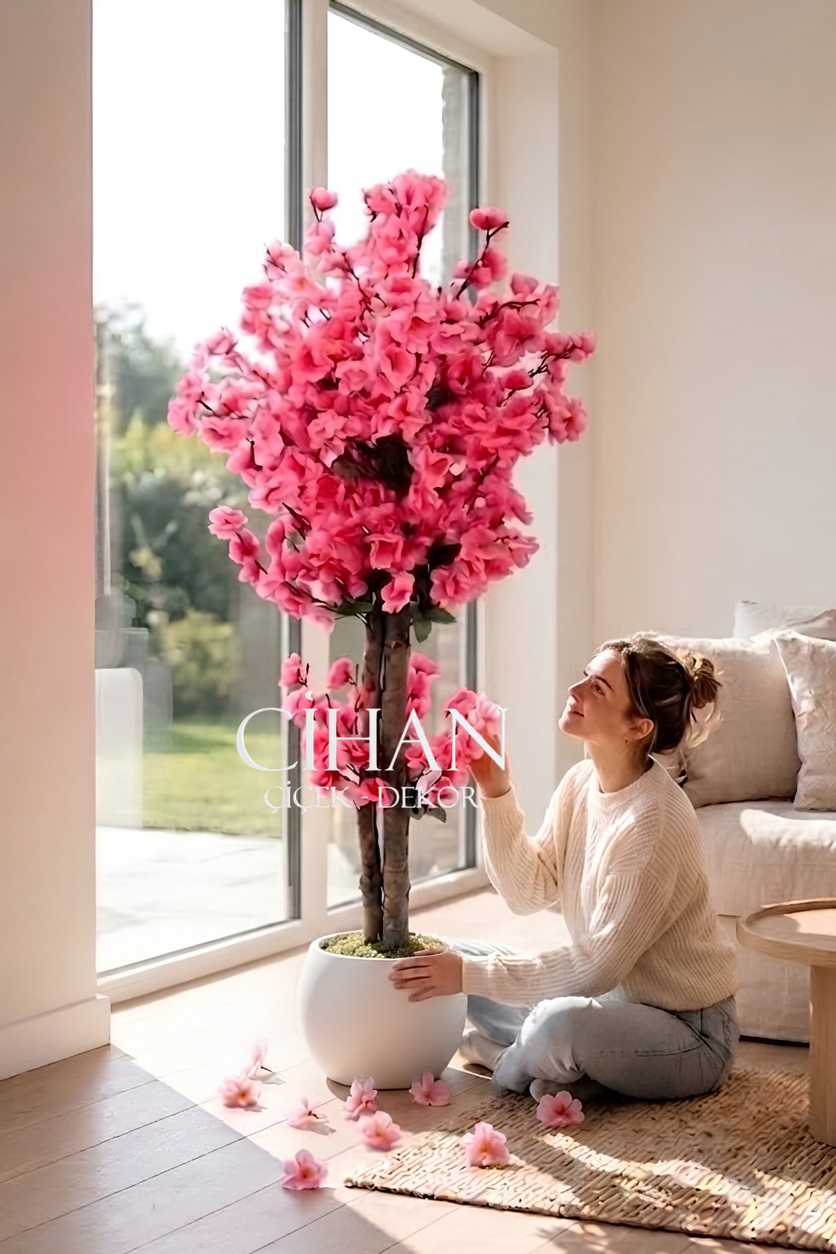 Yapay Pembe Japon Bahar Dalı Ağacı 100 cm Beyaz 27*33 Küre Saksılı