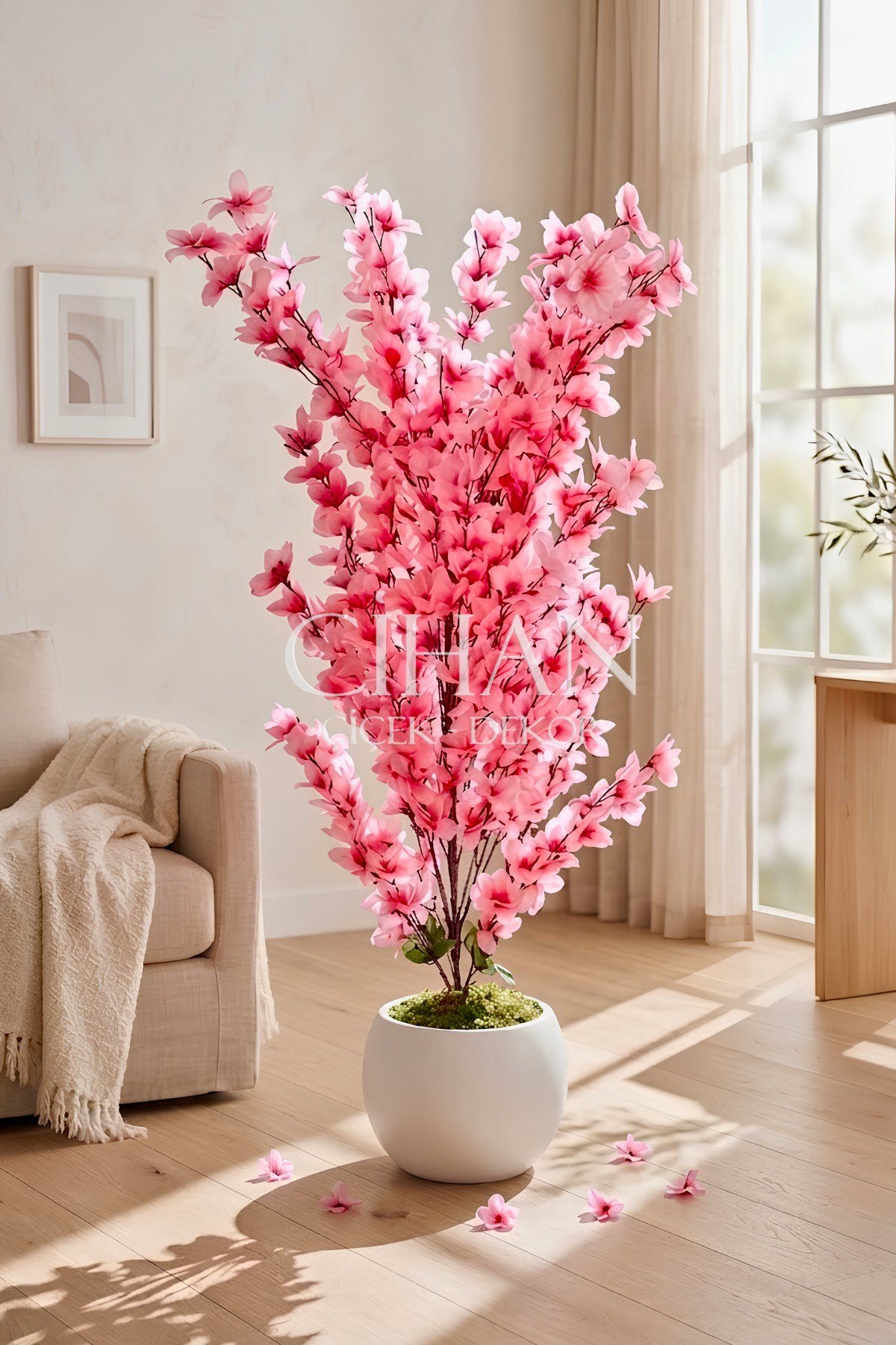 Yapay Pembe Sakura Kiraz Çiçeği Ağacı 120 cm - Küre Plastik Saksılı 27x33 cm Saksı
