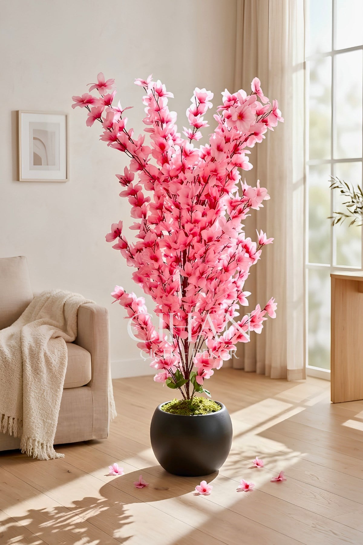 Yapay Pembe Sakura Kiraz Çiçeği Ağacı 120 cm - Küre Plastik Saksılı 27x33 cm Saksı