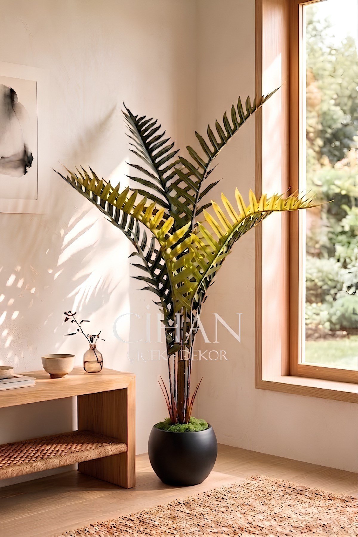 Yapay Premium Areka Palmiyesi Ağacı 150 cm 7 Yapraklı - 27x33 Küre Plastik Saksılı