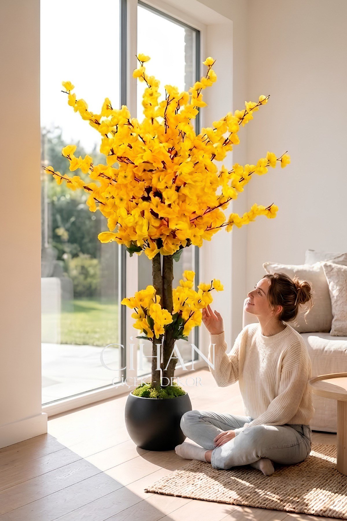 Yapay Sarı Japon Bahar Dalı Ağacı 100 cm 27*33 Siyah Küre Saksılı