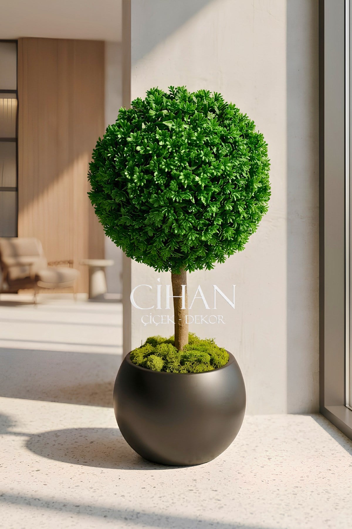 Yapay UV Dayanımlı Şimşir Top Ağacı 100 cm (45 cm Çap) 27x33 cm Küre Saksılı