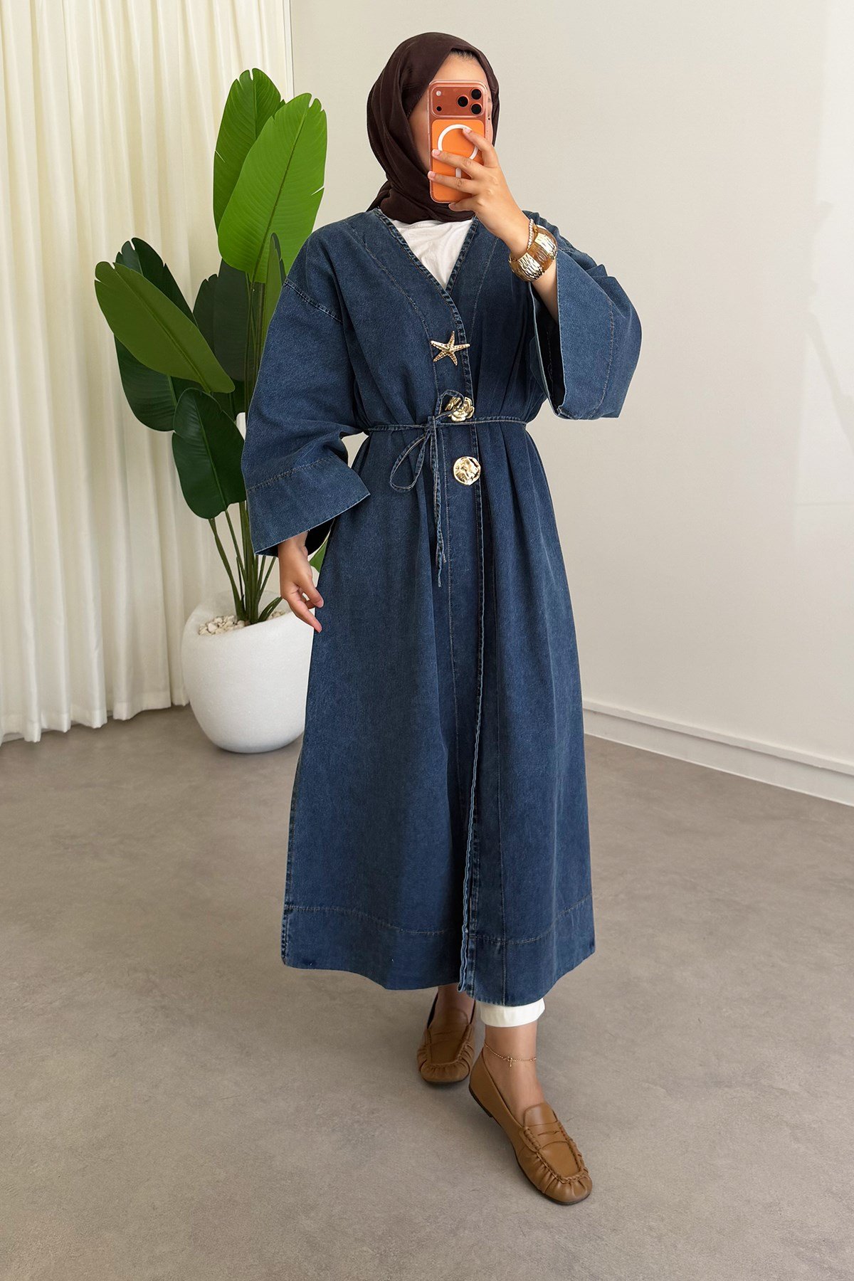  Denim Kimono Elbise - Açık Kot