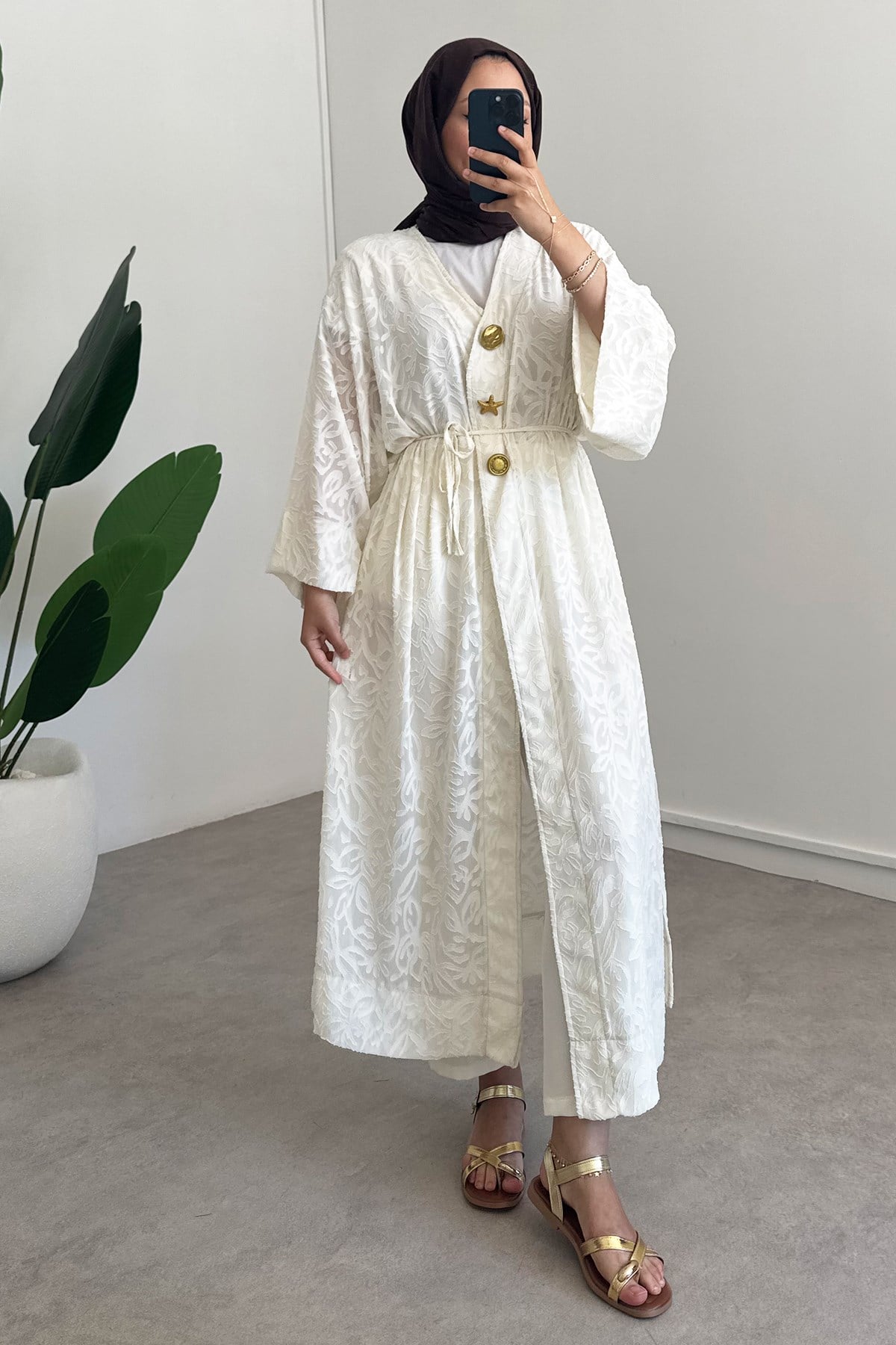  Keten Kimono Elbise - Bej