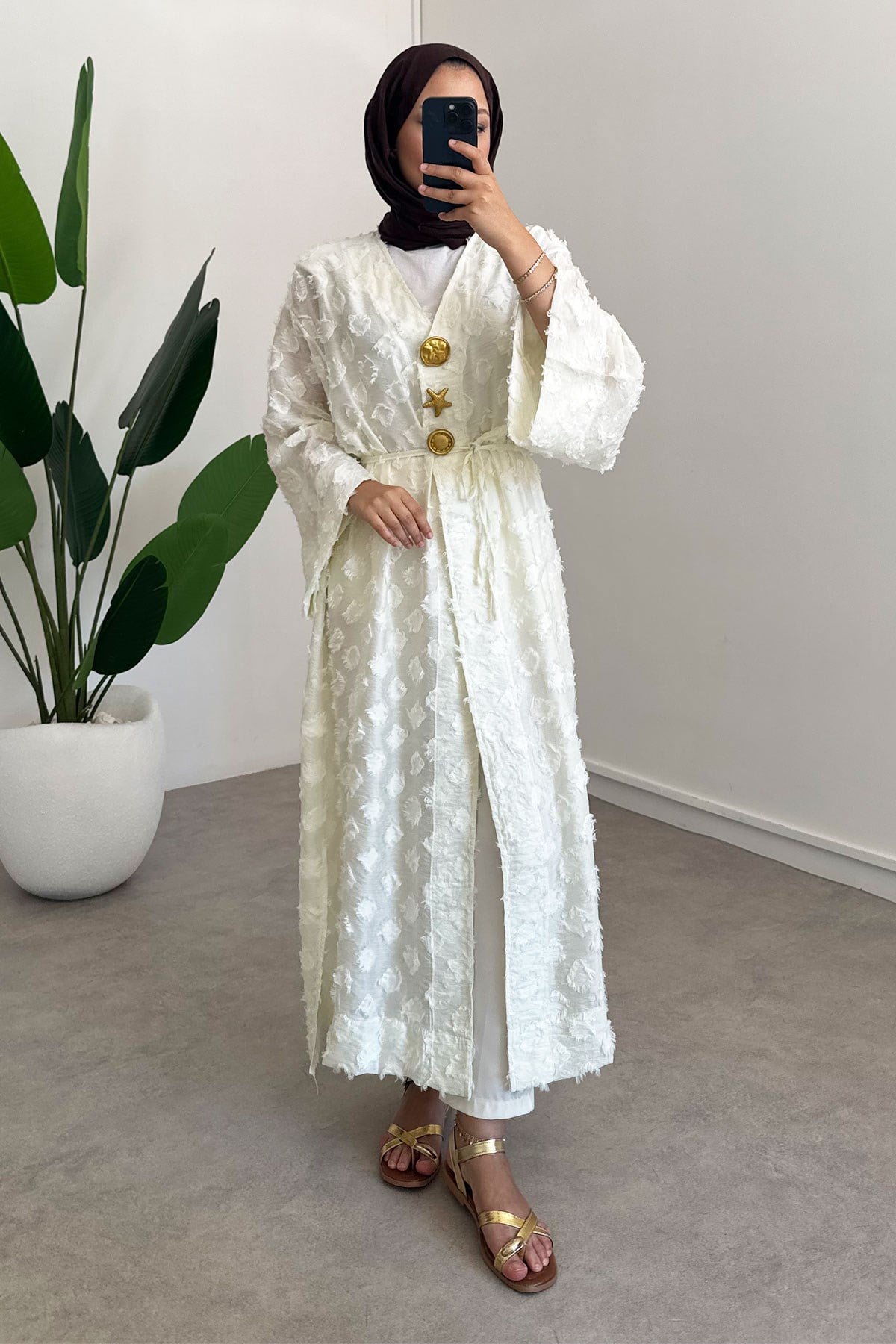  Keten Kimono Elbise - Ekru