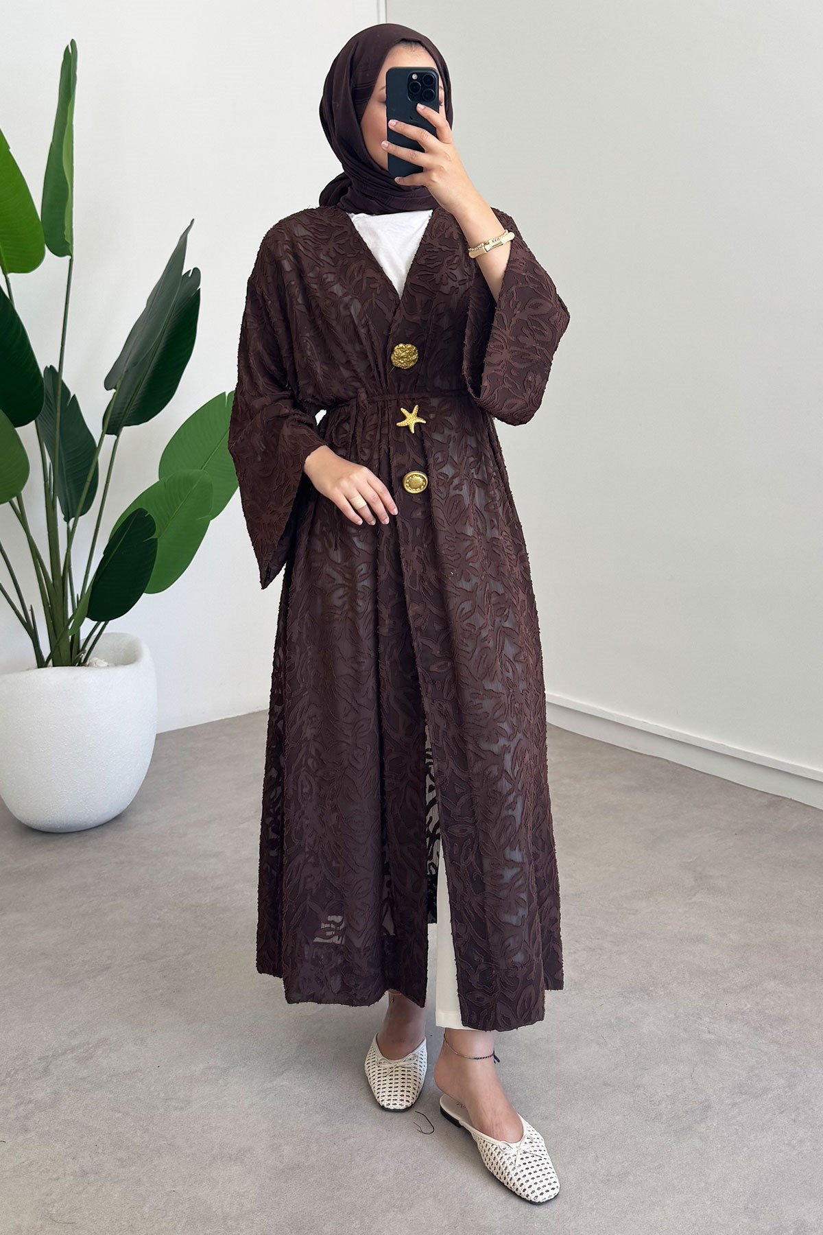  Keten Kimono Elbise - Kahverengi