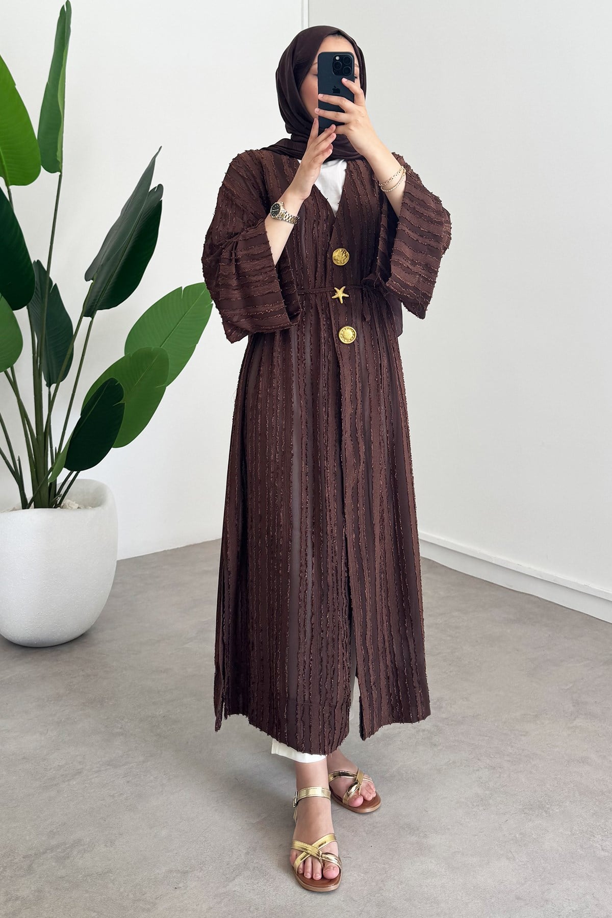  Keten Kimono Elbise - Kahverengi